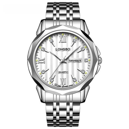 Unisex Quartz Watch With Stainless Steel Strap And Butterfly Double Snap Buckle Featuring Tempered Glass Mirror And Pointer Display