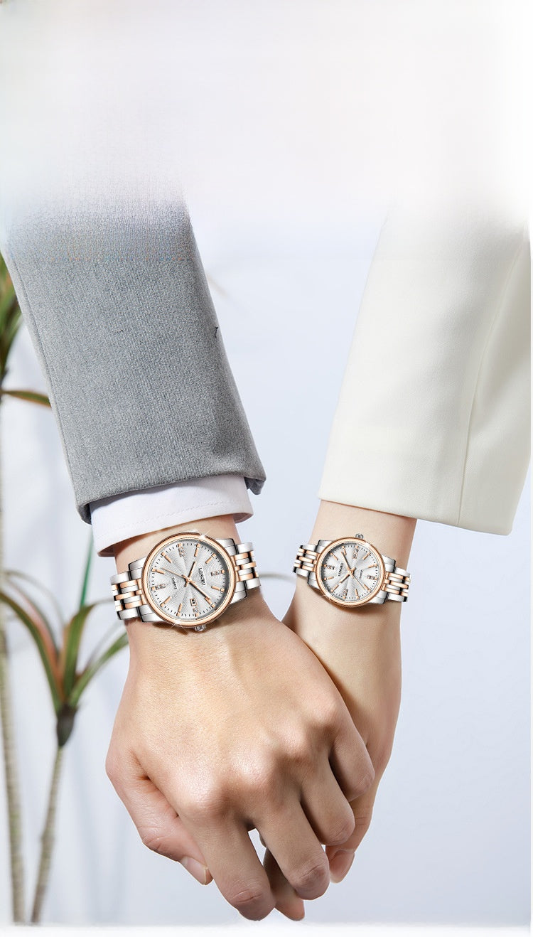 Unisex Quartz Watch With Stainless Steel Strap And Single Folding Buckle, Featuring Tempered Glass Mirror And Pointer Display