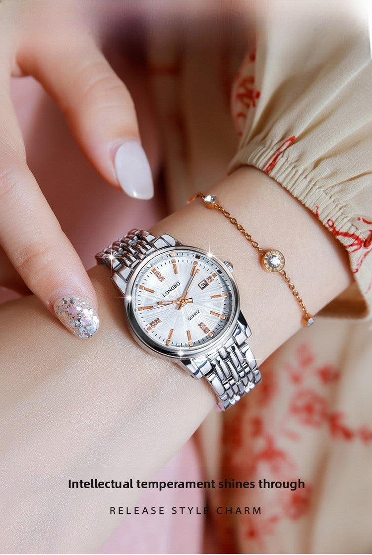 Unisex Quartz Watch With Stainless Steel Strap And Single Folding Buckle, Featuring Tempered Glass Mirror And Pointer Display