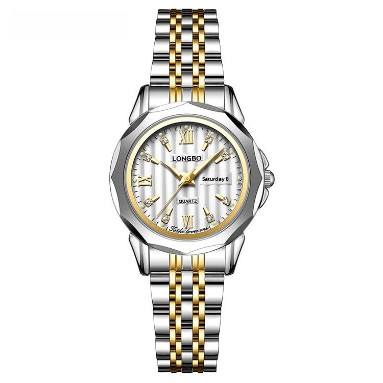 Unisex Quartz Watch With Stainless Steel Strap And Butterfly Double Snap Buckle Featuring Tempered Glass Mirror And Pointer Display