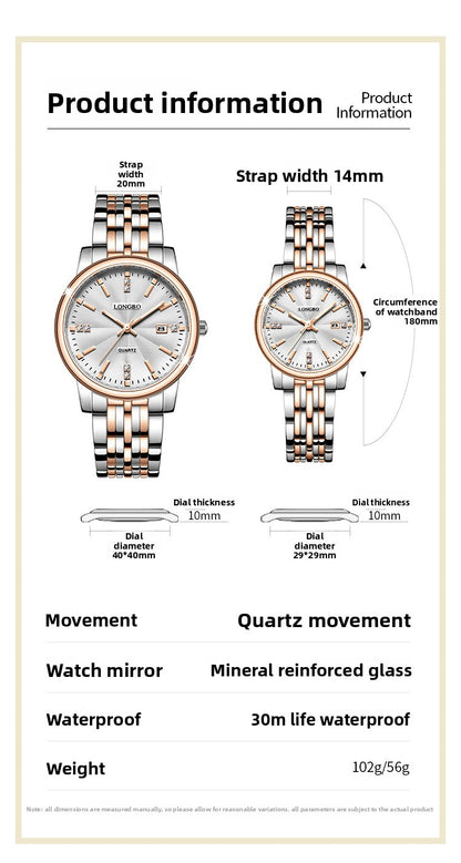 Unisex Quartz Watch With Stainless Steel Strap And Single Folding Buckle, Featuring Tempered Glass Mirror And Pointer Display