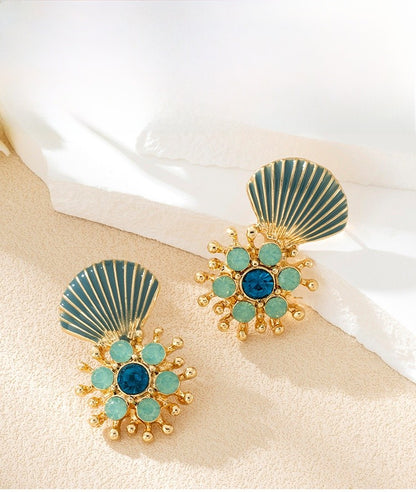 Retro Stud Earrings For Women Featuring Cyan Shell Inlay Made Of Durable Zinc Alloy