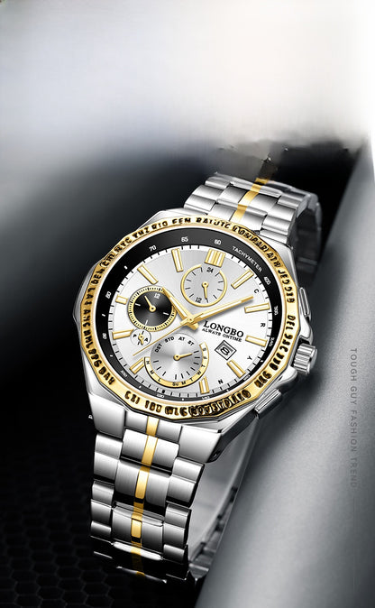 Men's Quartz Watch With Stainless Steel Strap And Single Folding Buckle, Featuring Tempered Glass Mirror And Pointer Display