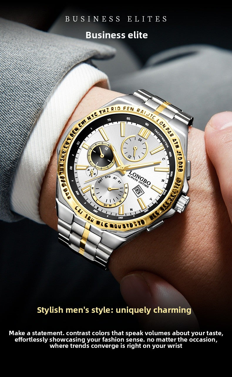Men's Quartz Watch With Stainless Steel Strap And Single Folding Buckle, Featuring Tempered Glass Mirror And Pointer Display