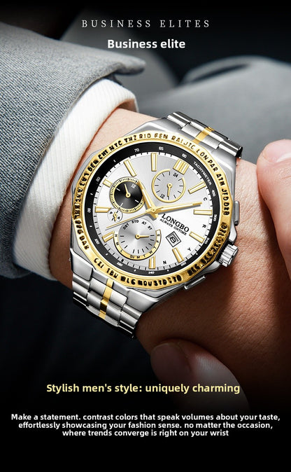 Men's Quartz Watch With Stainless Steel Strap And Single Folding Buckle, Featuring Tempered Glass Mirror And Pointer Display