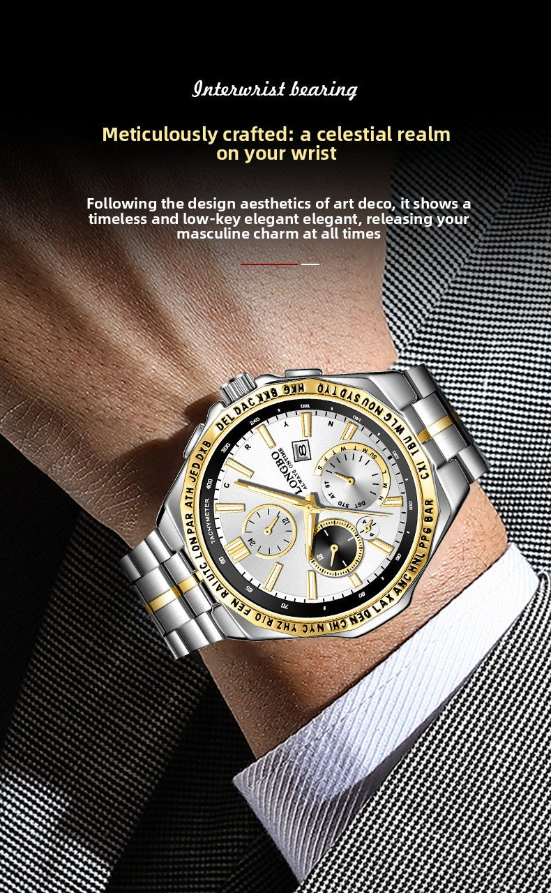 Men's Quartz Watch With Stainless Steel Strap And Single Folding Buckle, Featuring Tempered Glass Mirror And Pointer Display