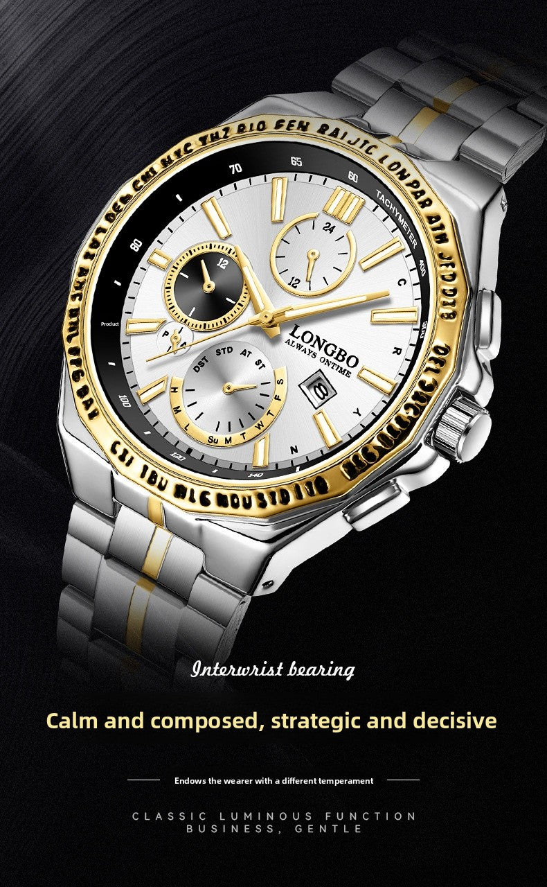 Men's Quartz Watch With Stainless Steel Strap And Single Folding Buckle, Featuring Tempered Glass Mirror And Pointer Display