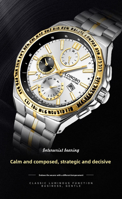 Men's Quartz Watch With Stainless Steel Strap And Single Folding Buckle, Featuring Tempered Glass Mirror And Pointer Display