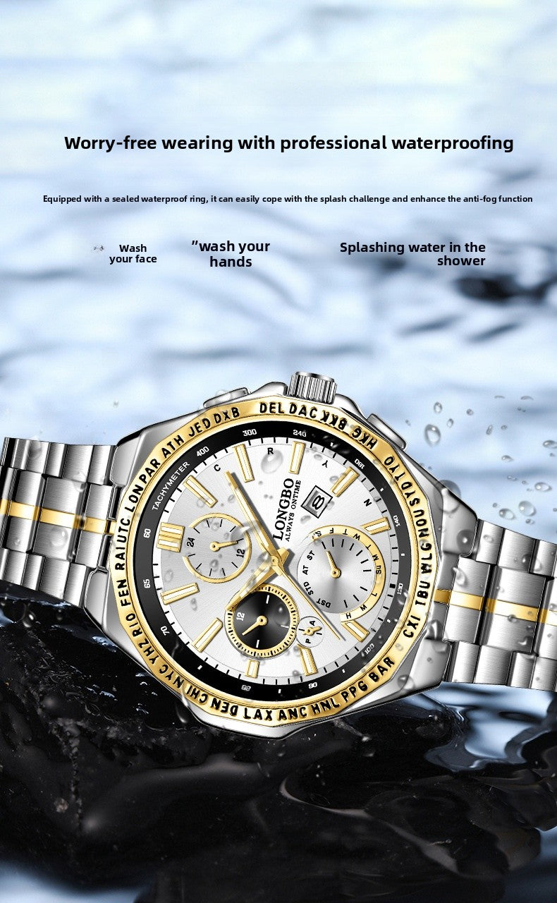 Men's Quartz Watch With Stainless Steel Strap And Single Folding Buckle, Featuring Tempered Glass Mirror And Pointer Display