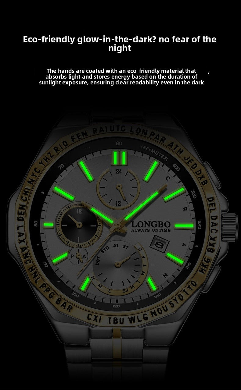 Men's Quartz Watch With Stainless Steel Strap And Single Folding Buckle, Featuring Tempered Glass Mirror And Pointer Display