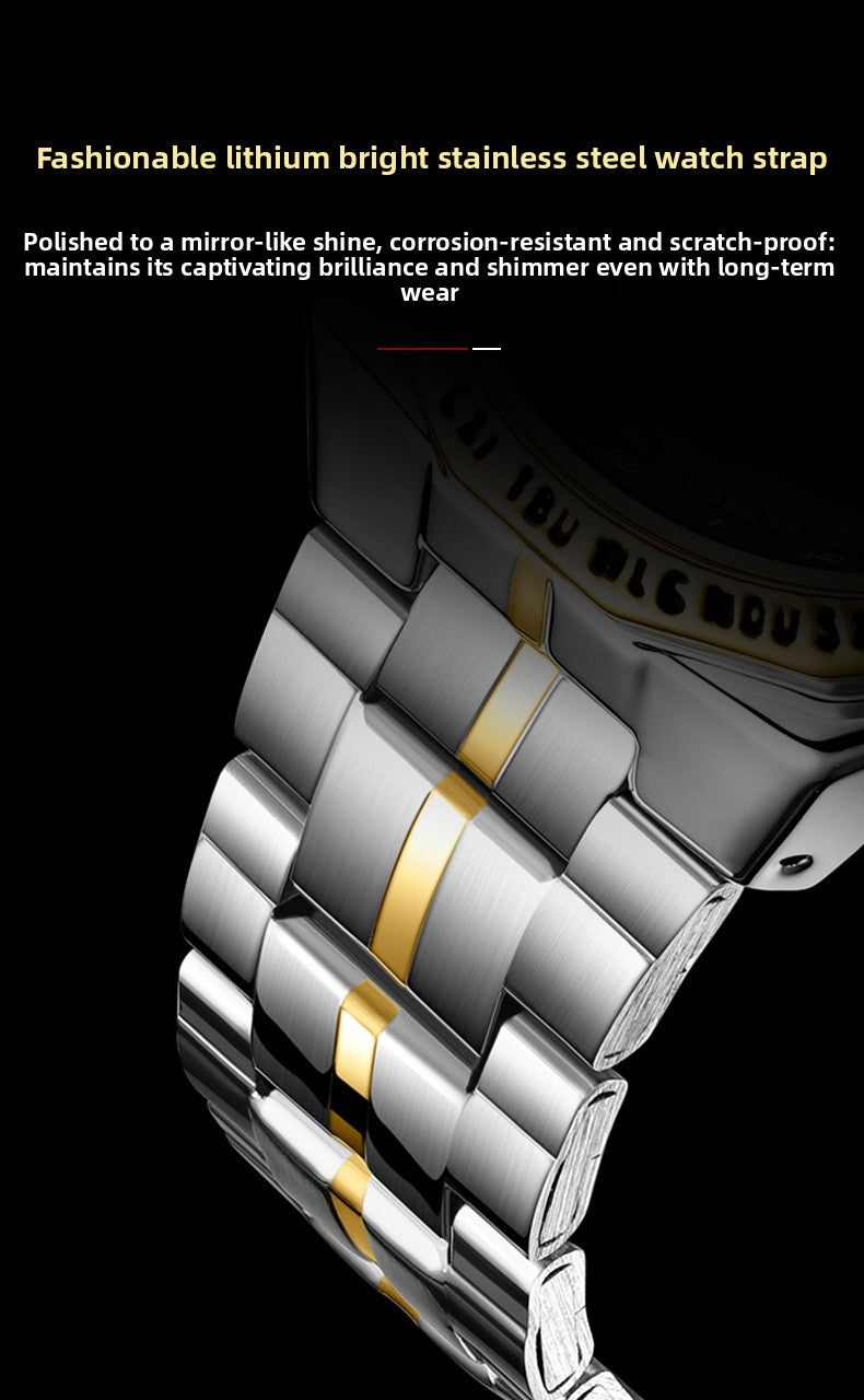 Men's Quartz Watch With Stainless Steel Strap And Single Folding Buckle, Featuring Tempered Glass Mirror And Pointer Display