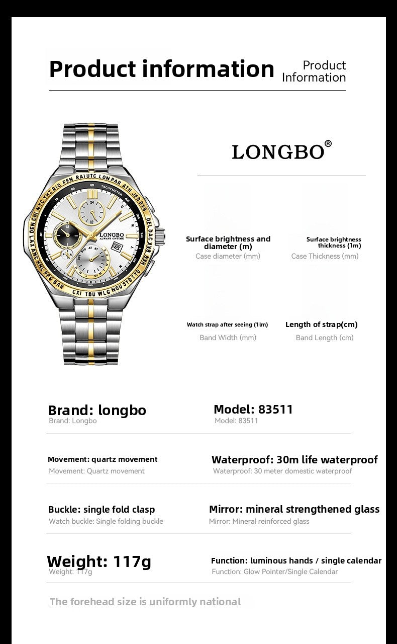 Men's Quartz Watch With Stainless Steel Strap And Single Folding Buckle, Featuring Tempered Glass Mirror And Pointer Display