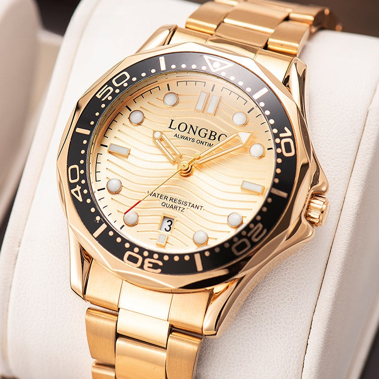 Men's Quartz Watch With Stainless Steel Strap, Tempered Glass Mirror, Pointer Display, And Single Folding Buckle