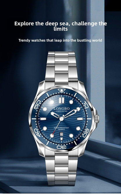 Men's Quartz Watch With Stainless Steel Strap, Tempered Glass Mirror, Pointer Display, And Single Folding Buckle