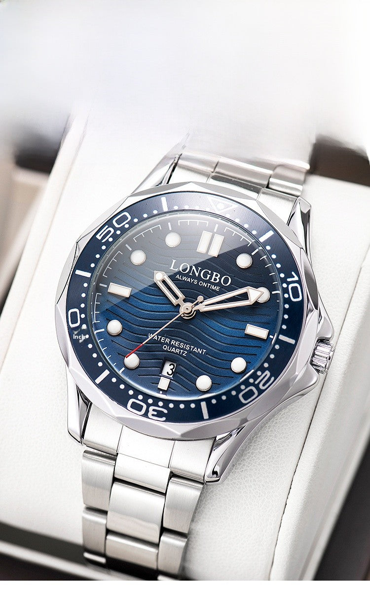 Men's Quartz Watch With Stainless Steel Strap, Tempered Glass Mirror, Pointer Display, And Single Folding Buckle