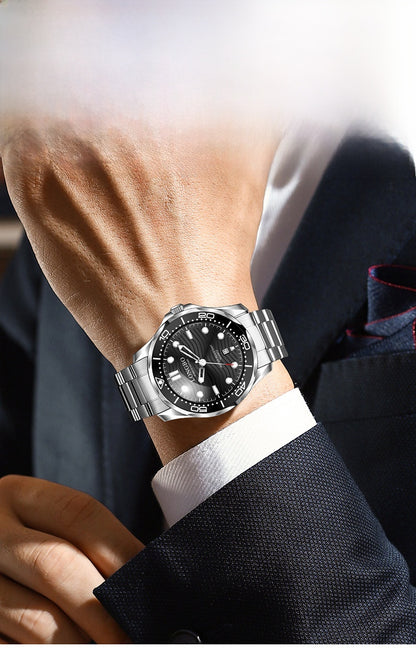 Men's Quartz Watch With Stainless Steel Strap, Tempered Glass Mirror, Pointer Display, And Single Folding Buckle