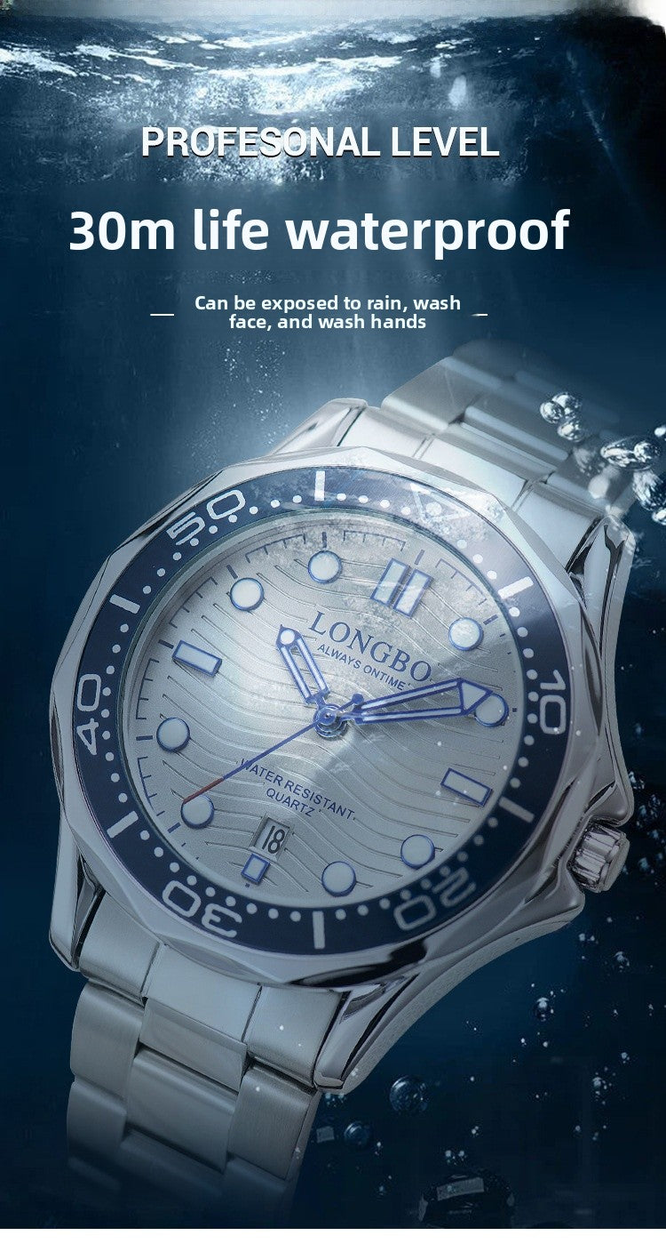 Men's Quartz Watch With Stainless Steel Strap, Tempered Glass Mirror, Pointer Display, And Single Folding Buckle