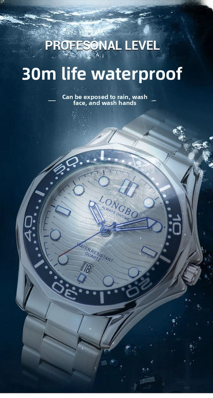 Men's Quartz Watch With Stainless Steel Strap, Tempered Glass Mirror, Pointer Display, And Single Folding Buckle