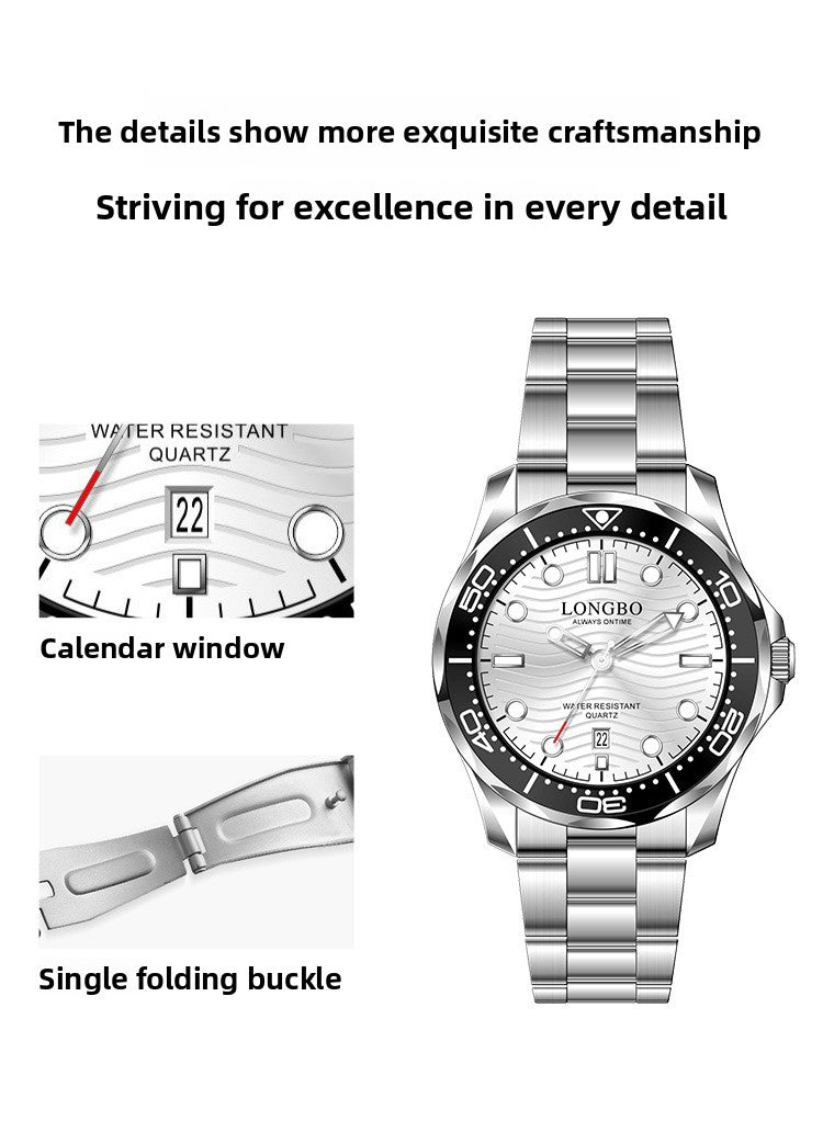 Men's Quartz Watch With Stainless Steel Strap, Tempered Glass Mirror, Pointer Display, And Single Folding Buckle