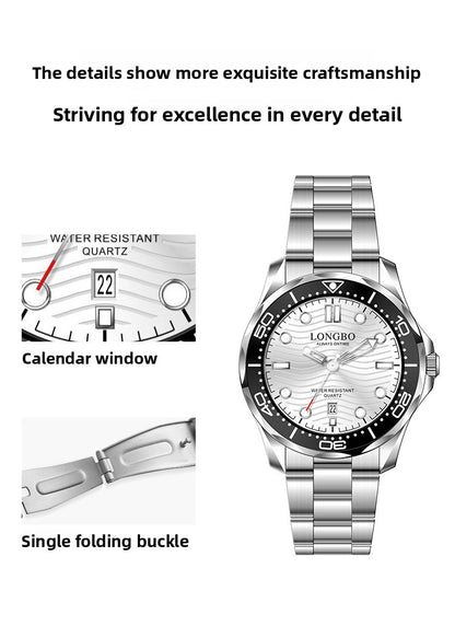 Men's Quartz Watch With Stainless Steel Strap, Tempered Glass Mirror, Pointer Display, And Single Folding Buckle