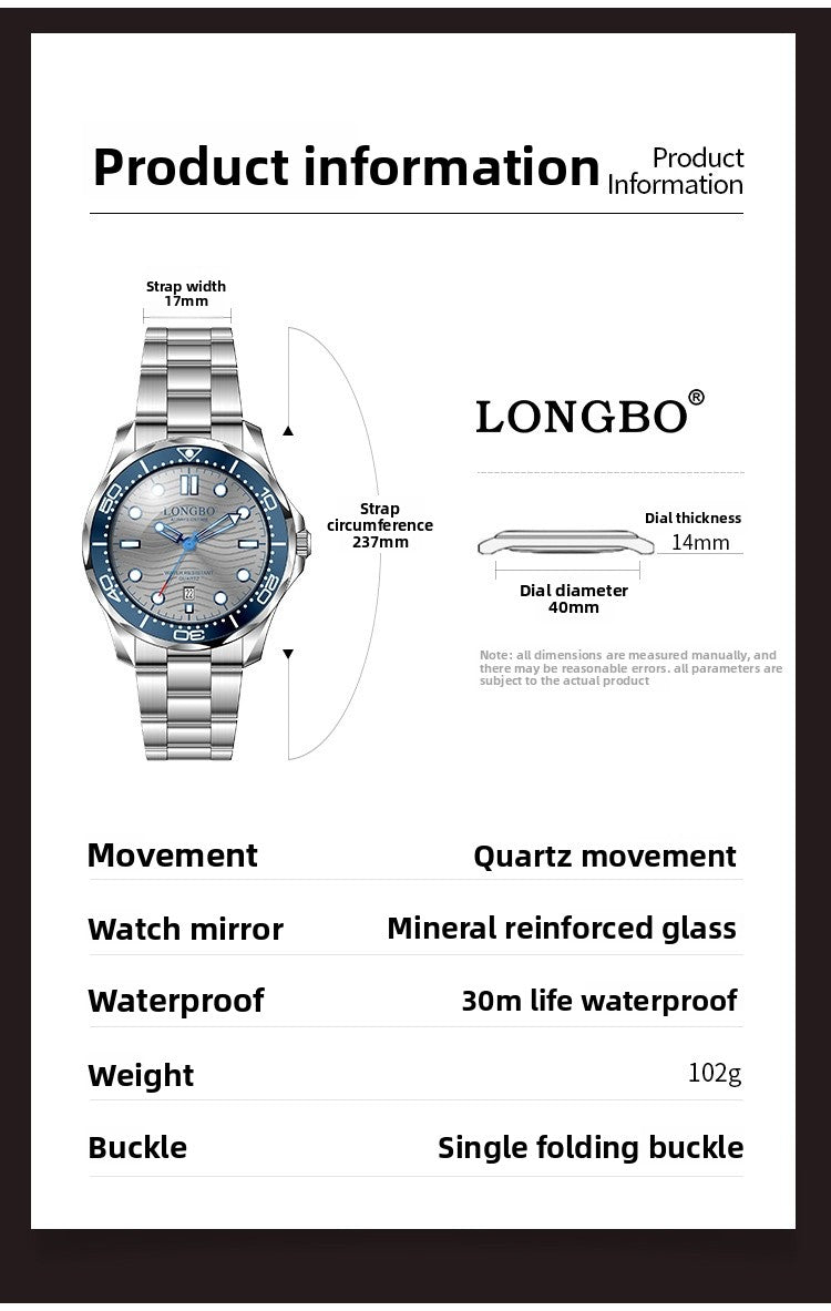 Men's Quartz Watch With Stainless Steel Strap, Tempered Glass Mirror, Pointer Display, And Single Folding Buckle