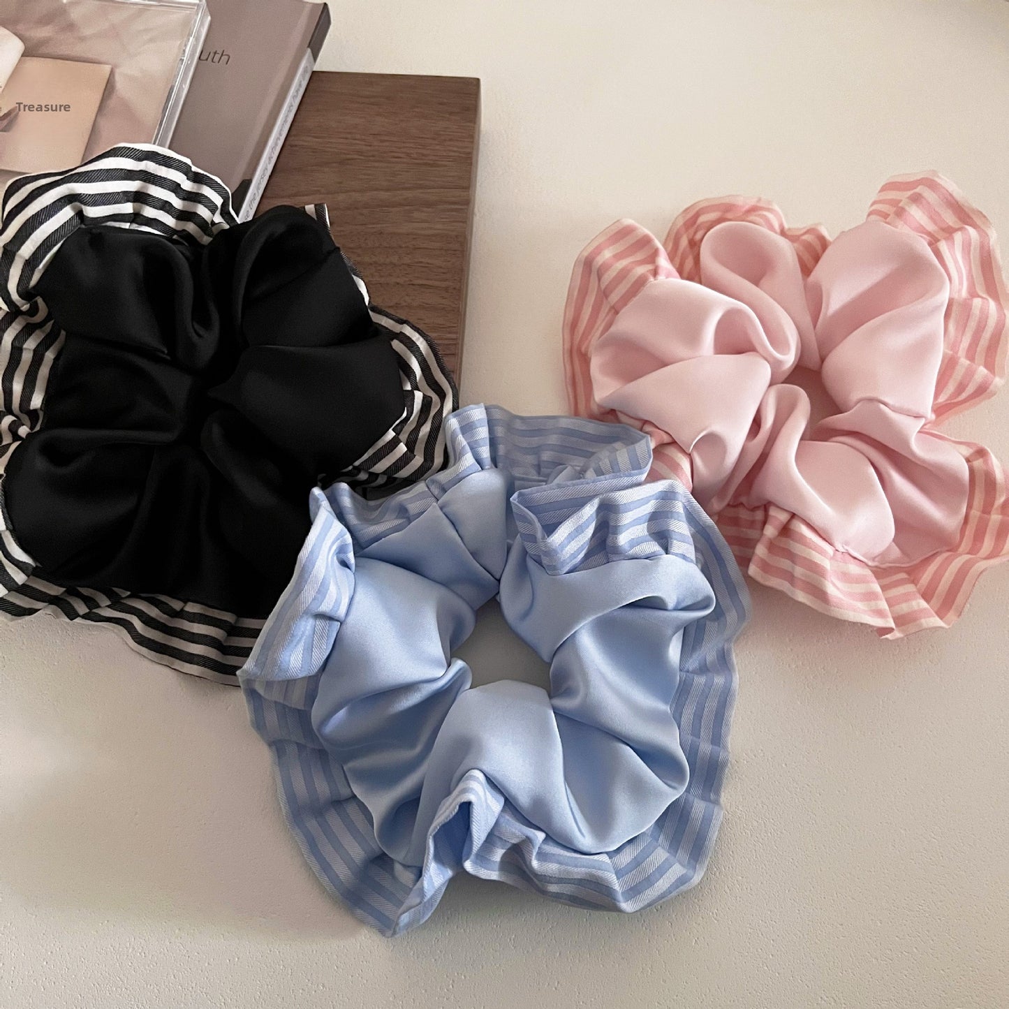 Sweet Satin Stripe Hair Tie For Women With Pink Ruffle Scrunchie Design