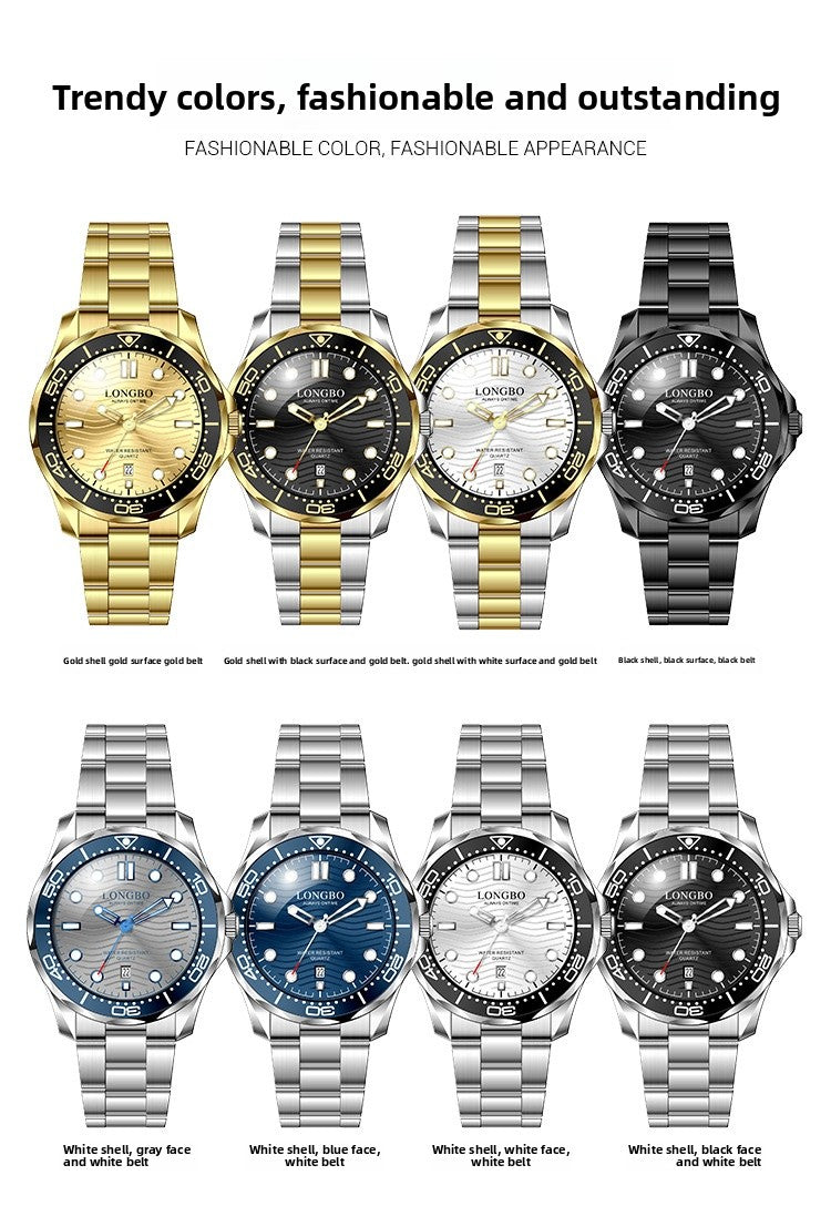 Men's Quartz Watch With Stainless Steel Strap, Tempered Glass Mirror, Pointer Display, And Single Folding Buckle