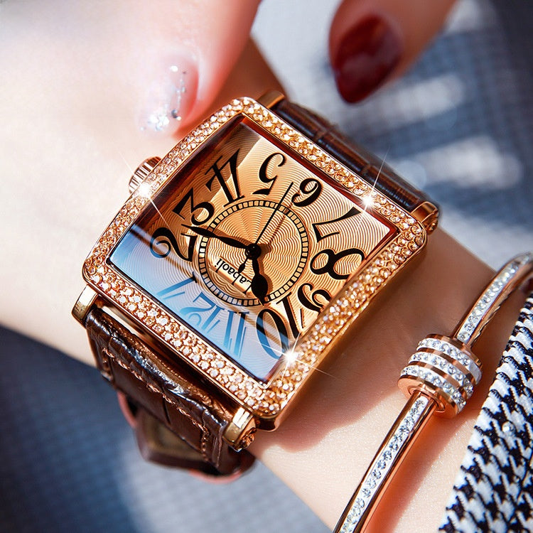 Women's Quartz Watch With Genuine Leather Strap And Buckle, Featuring Tempered Glass Mirror And Pointer+Number Display