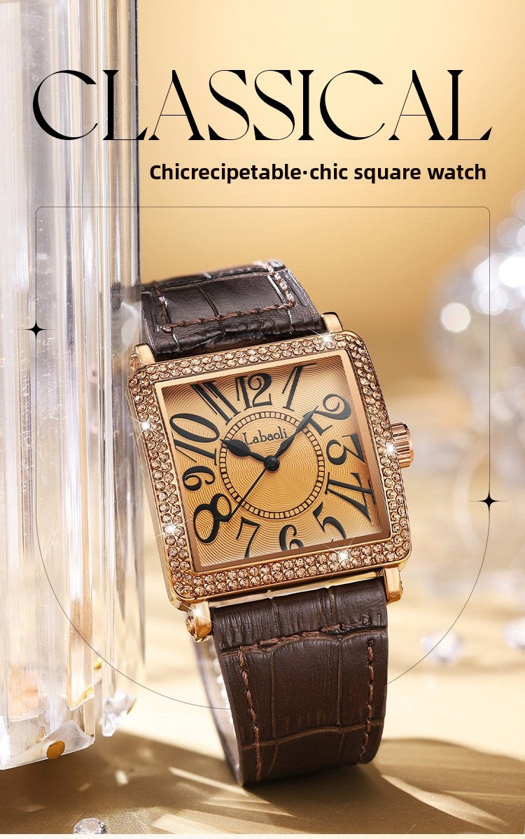 Women's Quartz Watch With Genuine Leather Strap And Buckle, Featuring Tempered Glass Mirror And Pointer+Number Display