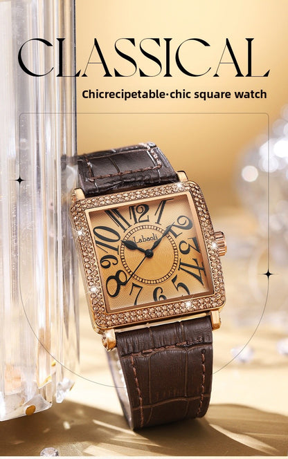Women's Quartz Watch With Genuine Leather Strap And Buckle, Featuring Tempered Glass Mirror And Pointer+Number Display