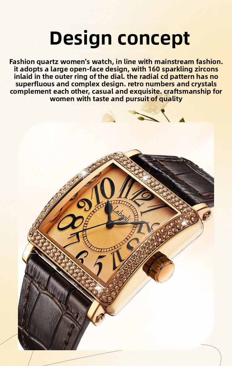 Women's Quartz Watch With Genuine Leather Strap And Buckle, Featuring Tempered Glass Mirror And Pointer+Number Display