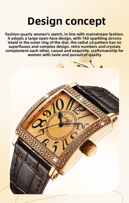 Women's Quartz Watch With Genuine Leather Strap And Buckle, Featuring Tempered Glass Mirror And Pointer+Number Display