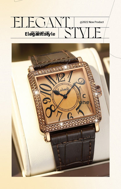 Women's Quartz Watch With Genuine Leather Strap And Buckle, Featuring Tempered Glass Mirror And Pointer+Number Display