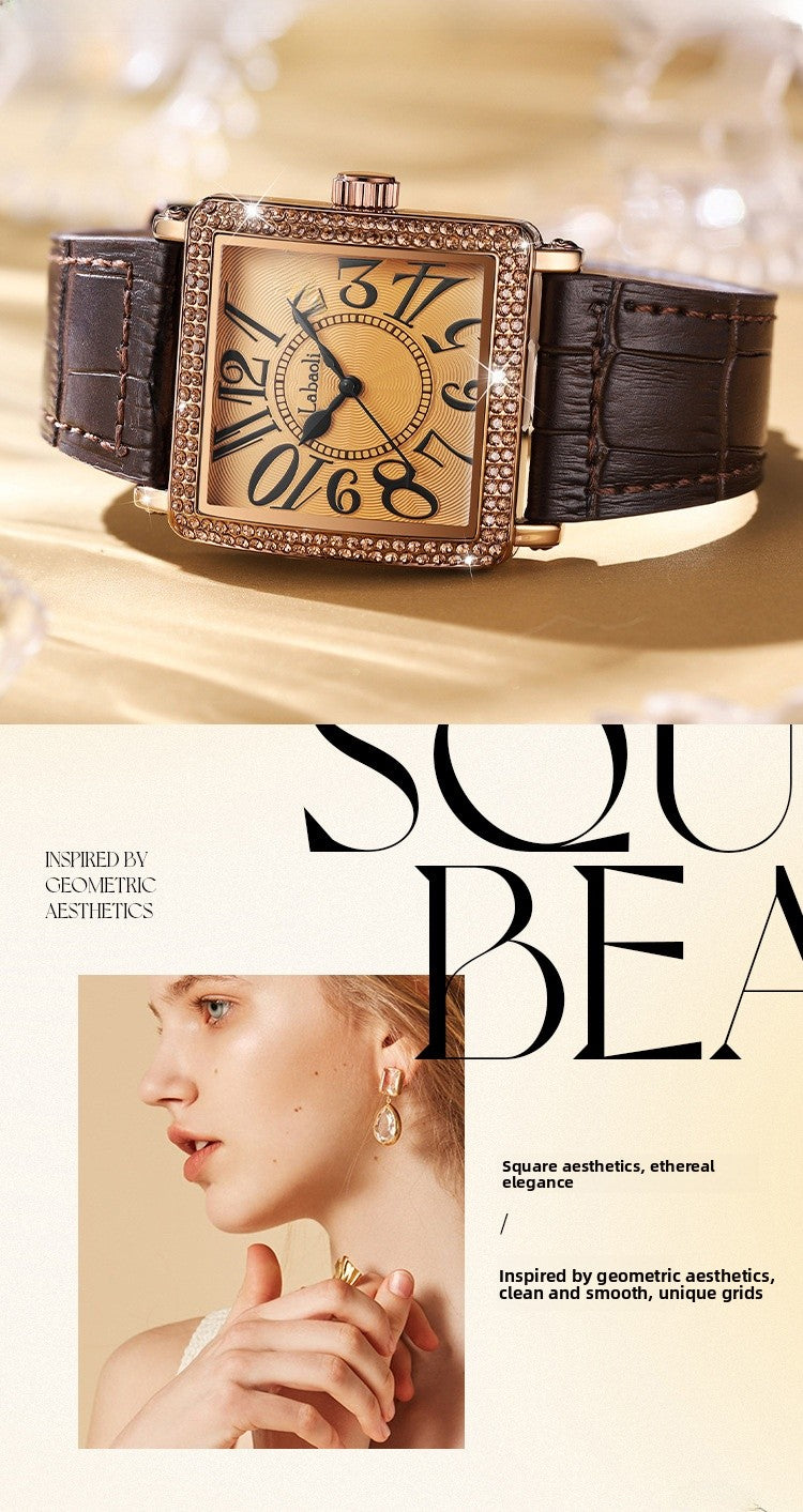 Women's Quartz Watch With Genuine Leather Strap And Buckle, Featuring Tempered Glass Mirror And Pointer+Number Display