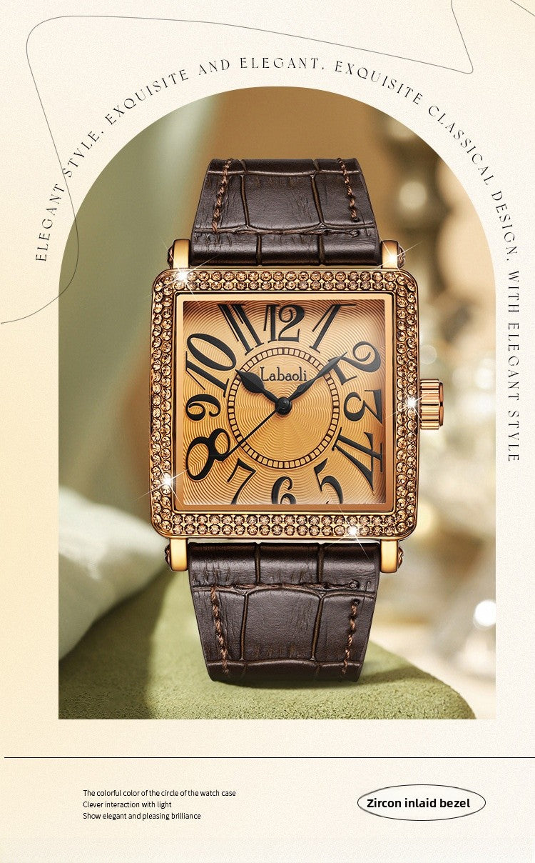Women's Quartz Watch With Genuine Leather Strap And Buckle, Featuring Tempered Glass Mirror And Pointer+Number Display
