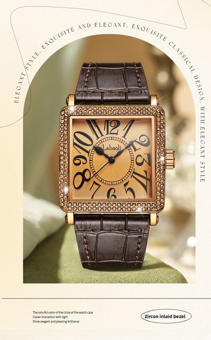 Women's Quartz Watch With Genuine Leather Strap And Buckle, Featuring Tempered Glass Mirror And Pointer+Number Display