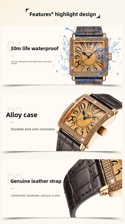 Women's Quartz Watch With Genuine Leather Strap And Buckle, Featuring Tempered Glass Mirror And Pointer+Number Display