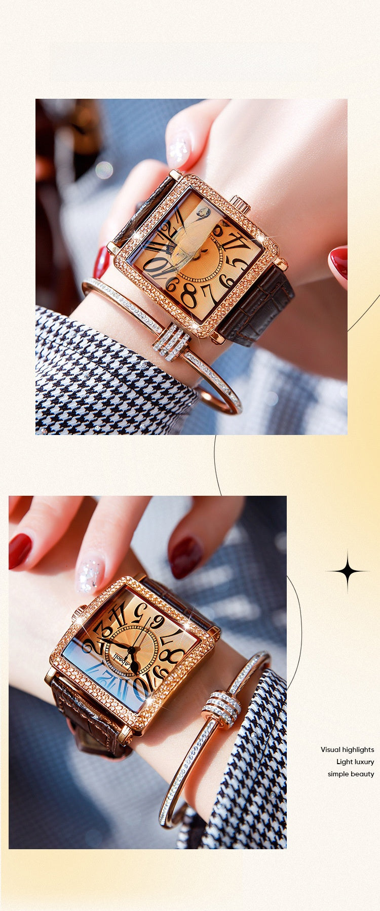 Women's Quartz Watch With Genuine Leather Strap And Buckle, Featuring Tempered Glass Mirror And Pointer+Number Display