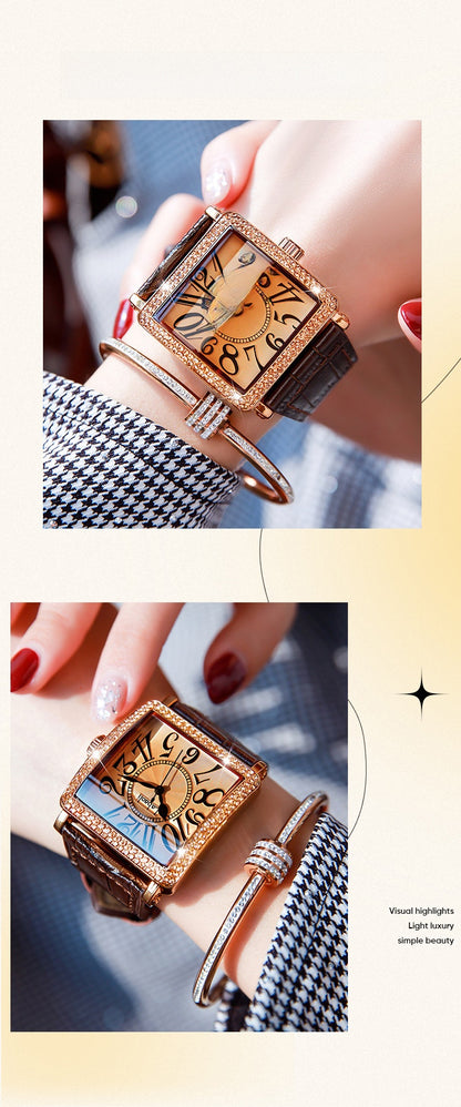 Women's Quartz Watch With Genuine Leather Strap And Buckle, Featuring Tempered Glass Mirror And Pointer+Number Display