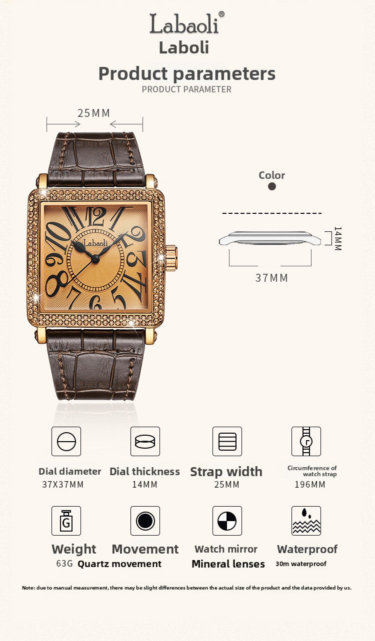 Women's Quartz Watch With Genuine Leather Strap And Buckle, Featuring Tempered Glass Mirror And Pointer+Number Display