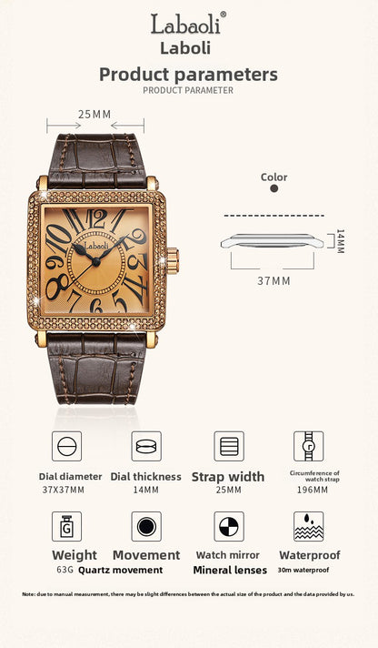 Women's Quartz Watch With Genuine Leather Strap And Buckle, Featuring Tempered Glass Mirror And Pointer+Number Display