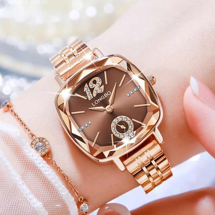 Women's Quartz Watch With Stainless Steel Strap And Butterfly Double Snap Buckle, Featuring Tempered Glass Mirror And Pointer Display