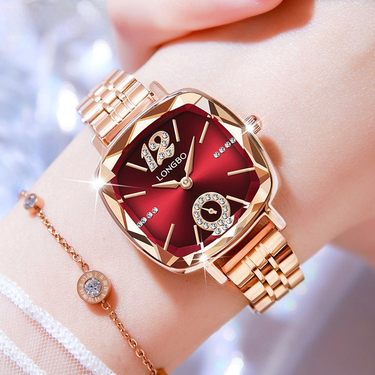 Women's Quartz Watch With Stainless Steel Strap And Butterfly Double Snap Buckle, Featuring Tempered Glass Mirror And Pointer Display