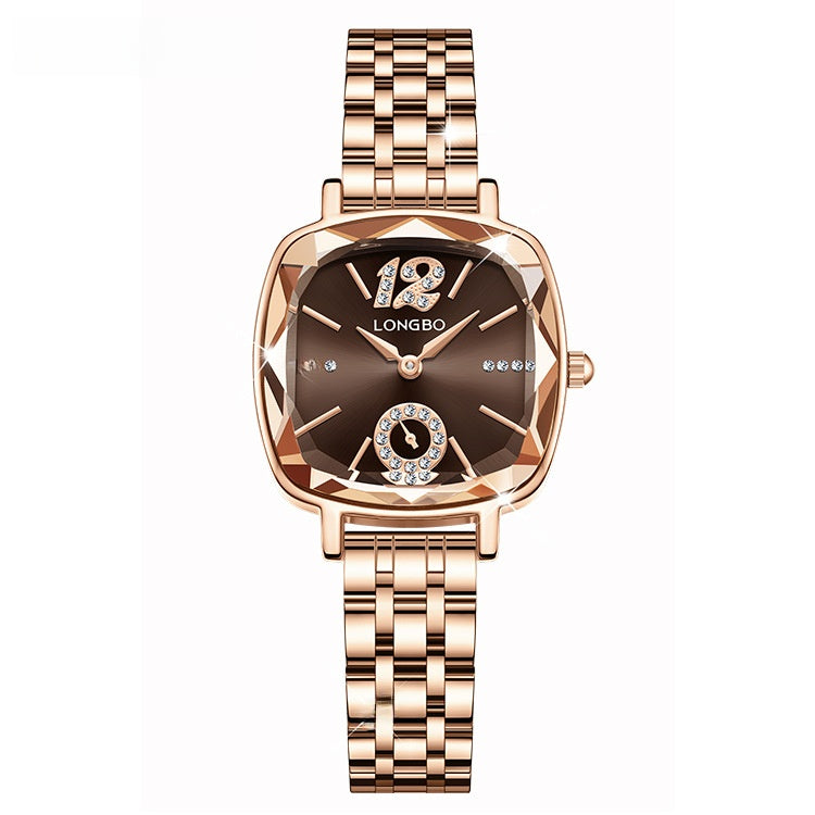 Women's Quartz Watch With Stainless Steel Strap And Butterfly Double Snap Buckle, Featuring Tempered Glass Mirror And Pointer Display