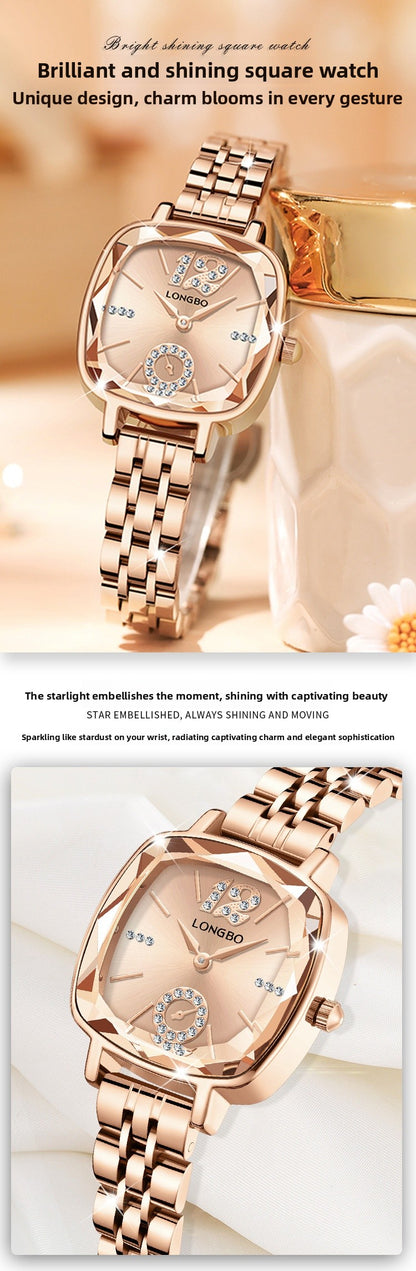 Women's Quartz Watch With Stainless Steel Strap And Butterfly Double Snap Buckle, Featuring Tempered Glass Mirror And Pointer Display