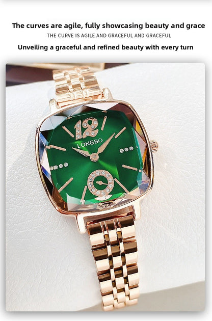 Women's Quartz Watch With Stainless Steel Strap And Butterfly Double Snap Buckle, Featuring Tempered Glass Mirror And Pointer Display