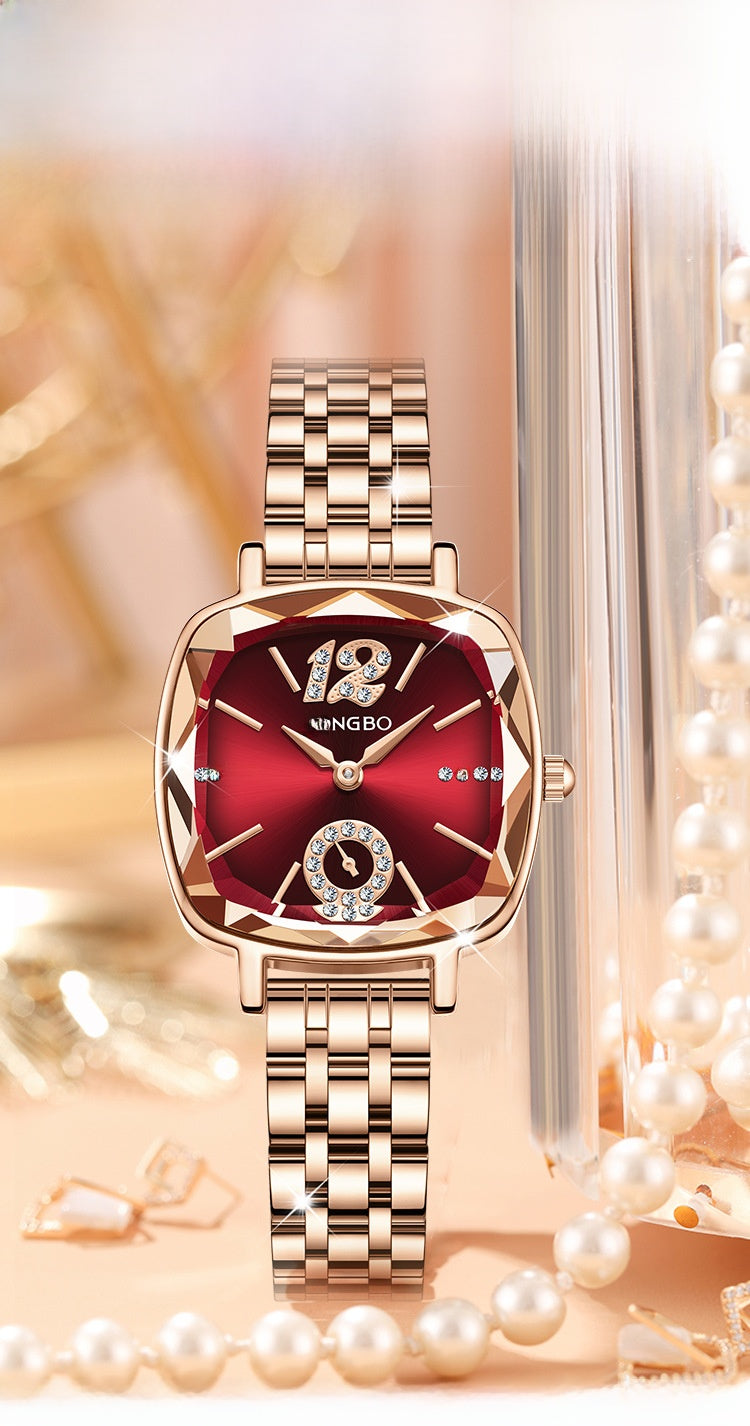 Women's Quartz Watch With Stainless Steel Strap And Butterfly Double Snap Buckle, Featuring Tempered Glass Mirror And Pointer Display