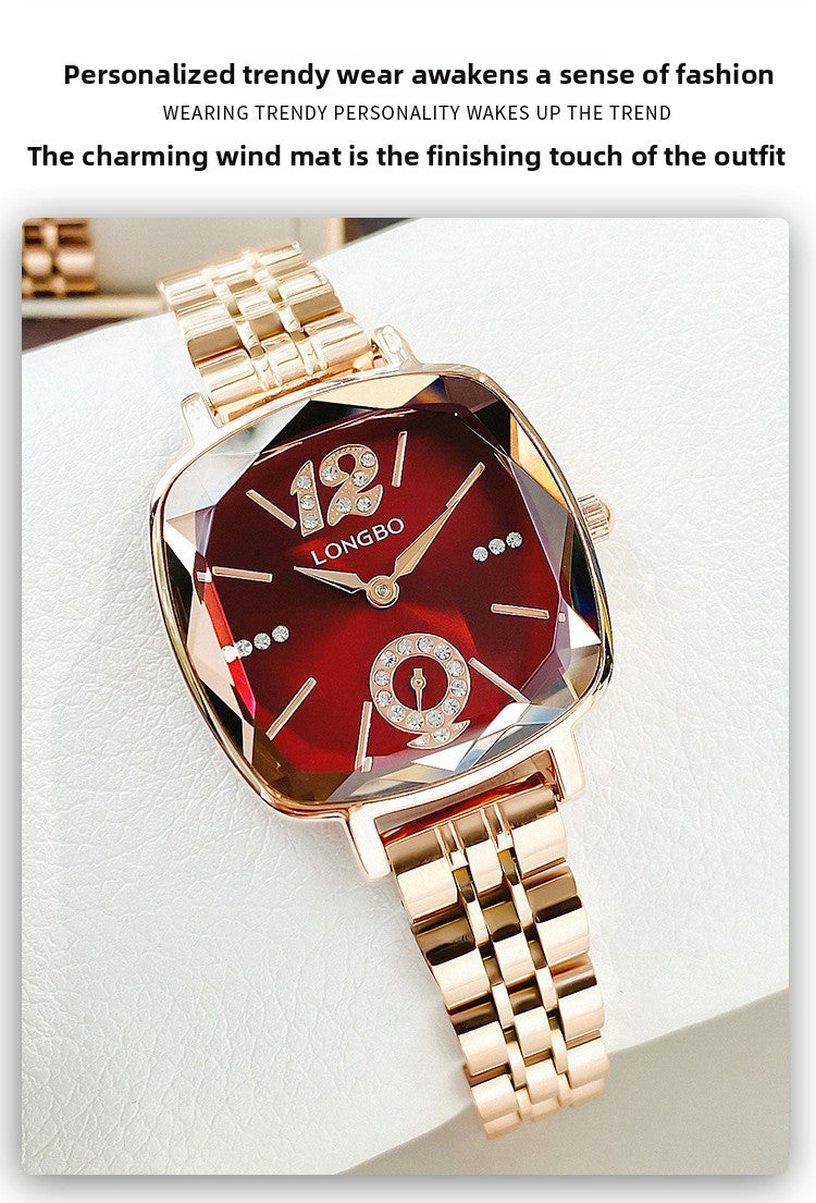 Women's Quartz Watch With Stainless Steel Strap And Butterfly Double Snap Buckle, Featuring Tempered Glass Mirror And Pointer Display
