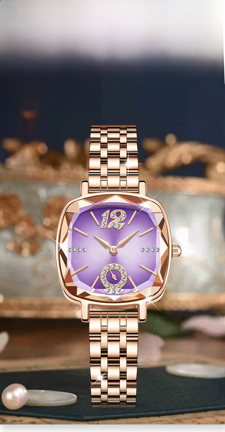 Women's Quartz Watch With Stainless Steel Strap And Butterfly Double Snap Buckle, Featuring Tempered Glass Mirror And Pointer Display