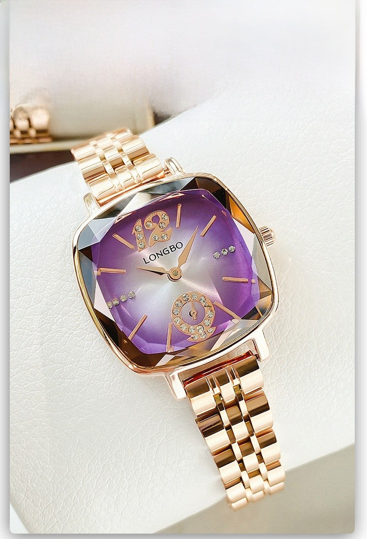 Women's Quartz Watch With Stainless Steel Strap And Butterfly Double Snap Buckle, Featuring Tempered Glass Mirror And Pointer Display